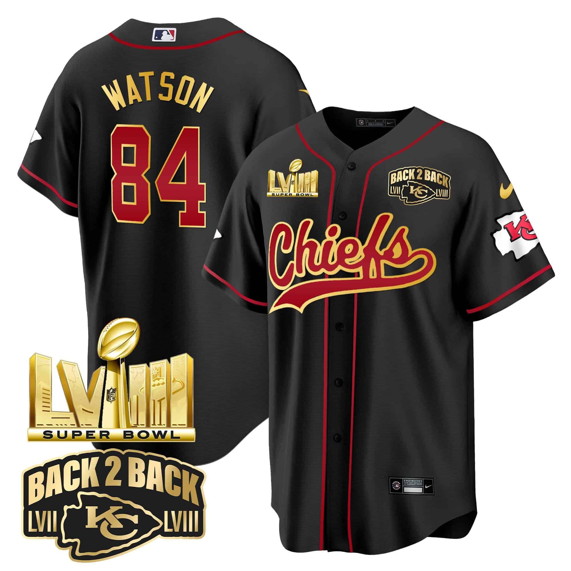 Men Kansas City Chiefs #84 Watson Black 2024 Nike Super Bowl LVIII Back-2-Back Gold Patch Baseball NFL Jersey